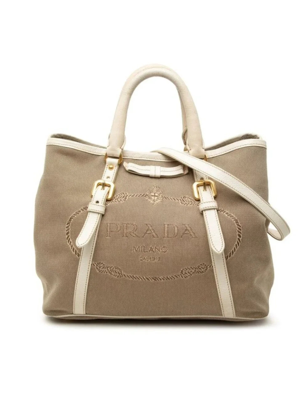 Prada Logo Jacquard Tote Shoulder Bag 2-Way Brown White Canvas Leather